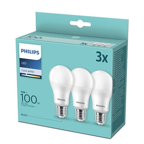 Set 3 becuri LED Philips A67, 13 W (echiv. 100 W), 1521 lm, 4000 K, E27