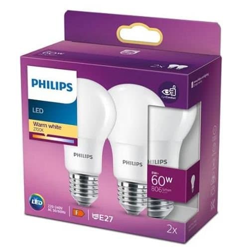Set 2 becuri LED Philips A60, 8 W (echiv. 60 W), 806 lm, 2700 K, E27