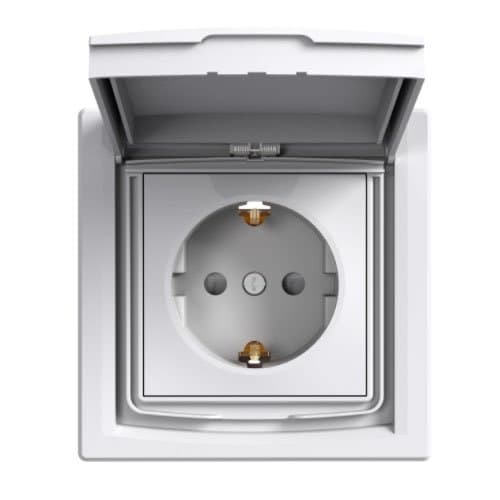Priză schuko Schneider Electric Asfora albă, IP44, cu capac