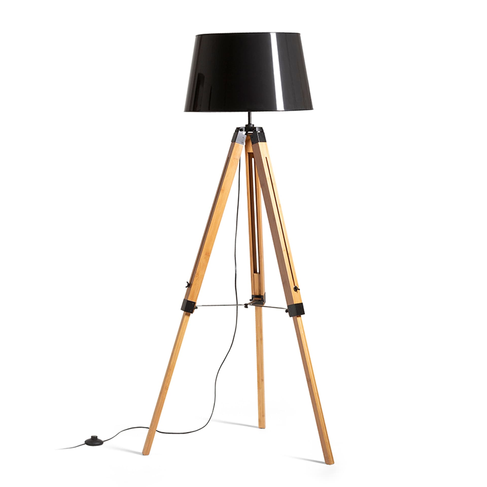 Lampă de podea Rendl Alvis/Ridick, negru lucios, folie aurie/bambus, 230V, LED, E27, 15W